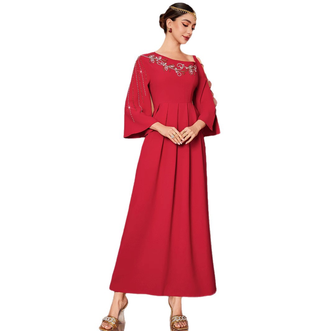 Women's Off-the-Shoulder Maxi Dress – Hand-Sewn Crystal Embellishment Evening Gown