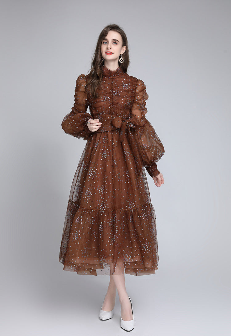 Women's Starlit Mesh Silk Wrap Dress - Shimmering Star Print Evening Dress with Metallic Accents