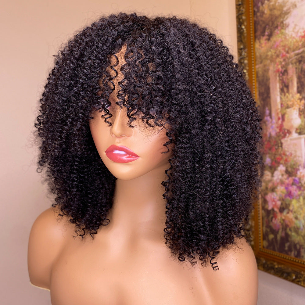 Kinky Curly Human Hair Wig with Bangs - Natural Texture Full Wig
