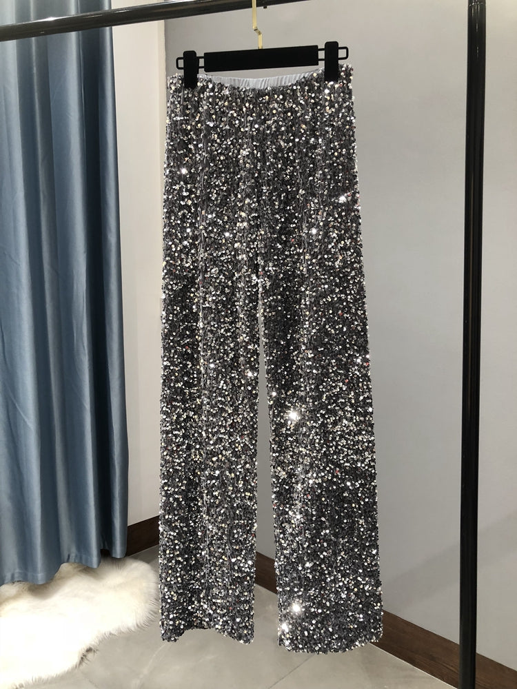 Women's Sequined High-Waist Wide Leg Pants - Korean Velvet Trousers