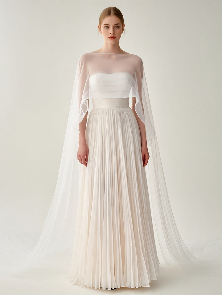 Women's Elegant White Pleated Gown with Sheer Cape Overlay
