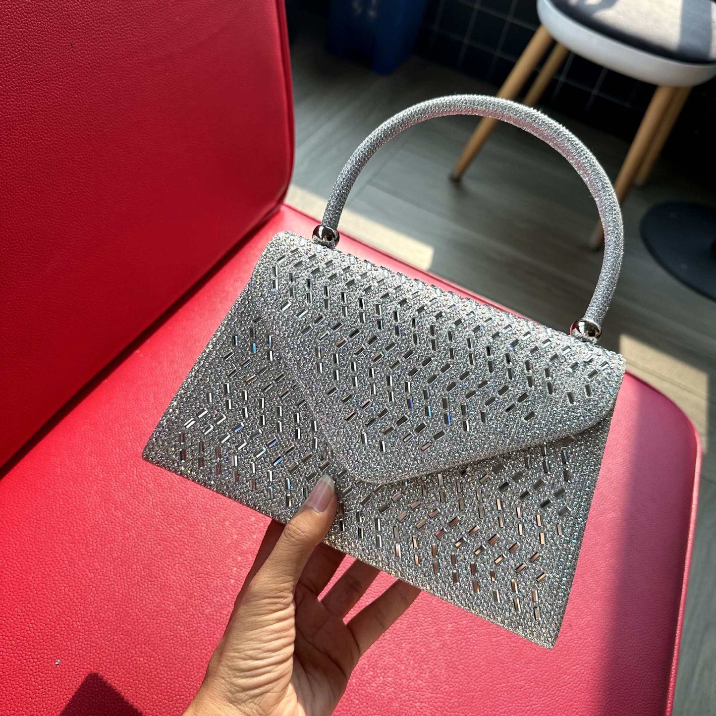 Rhinestone Evening Clutch Handbag - Metallic Nylon Dinner Bag