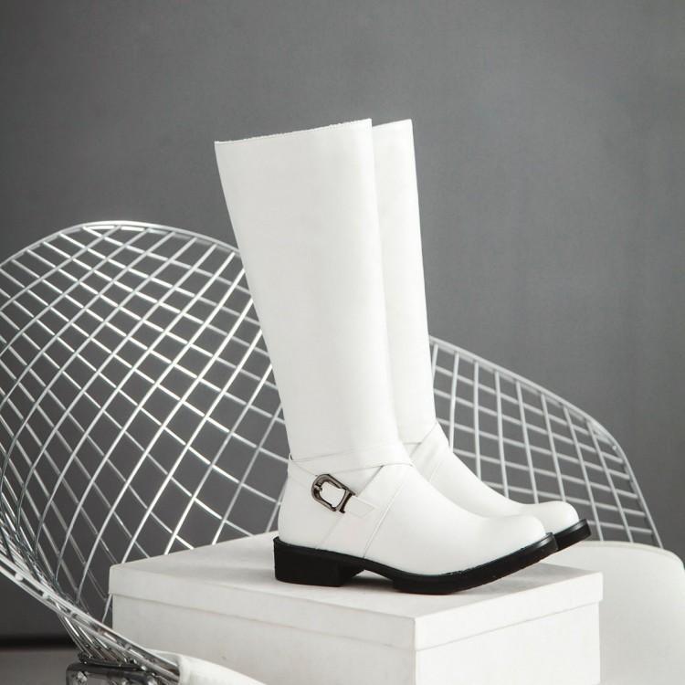 Womens Boots Shoes Flat Knee High Pu Leather Buckle Riding Calf