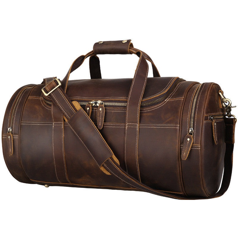 Men's Crazy Horse Leather Travel Bag - Large Capacity European American Retro Gym Bag with Multiple Pockets