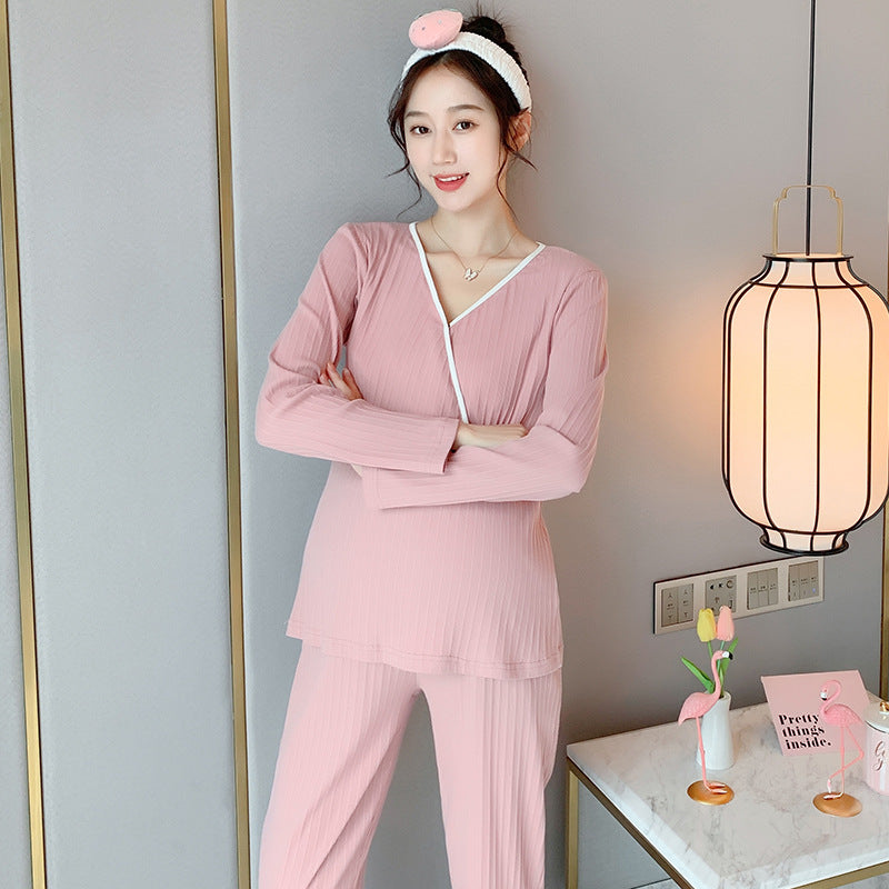 Maternity Nursing Pajama Set - V-Neck Long Sleeve Top and Pants