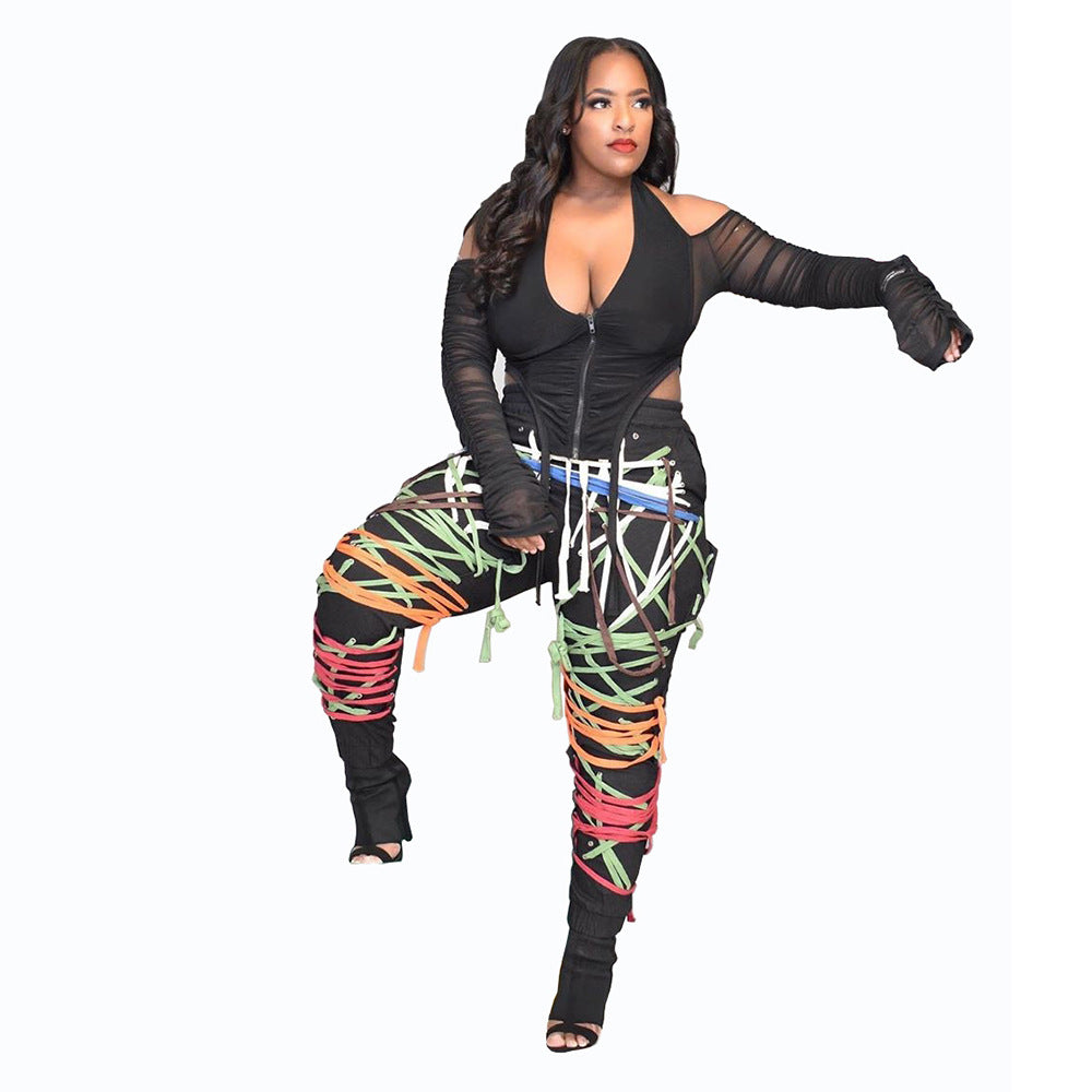 Mid-Rise Ribbon Belt Loose Fit Pants