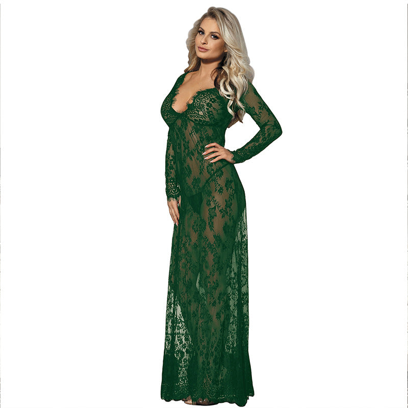Women's Lace Long Nightdress - Sheer Mesh Sleepwear Gown