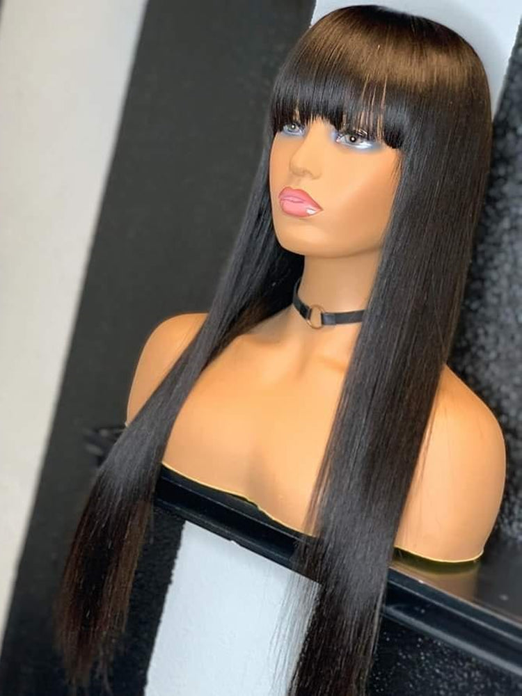 Brazilian Straight Long Wig with Bangs - Natural Black Hair