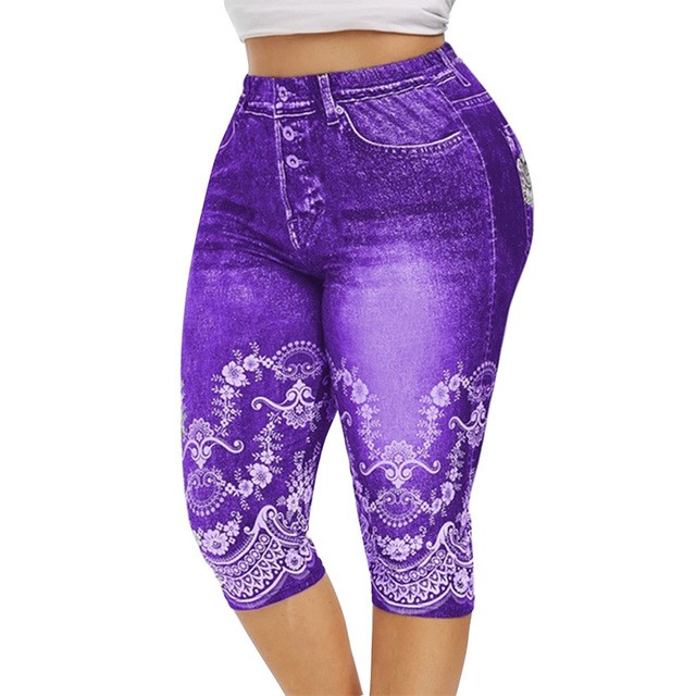 Mid-Calf Denim Print Leggings - Stretch Faux Jeans Capris