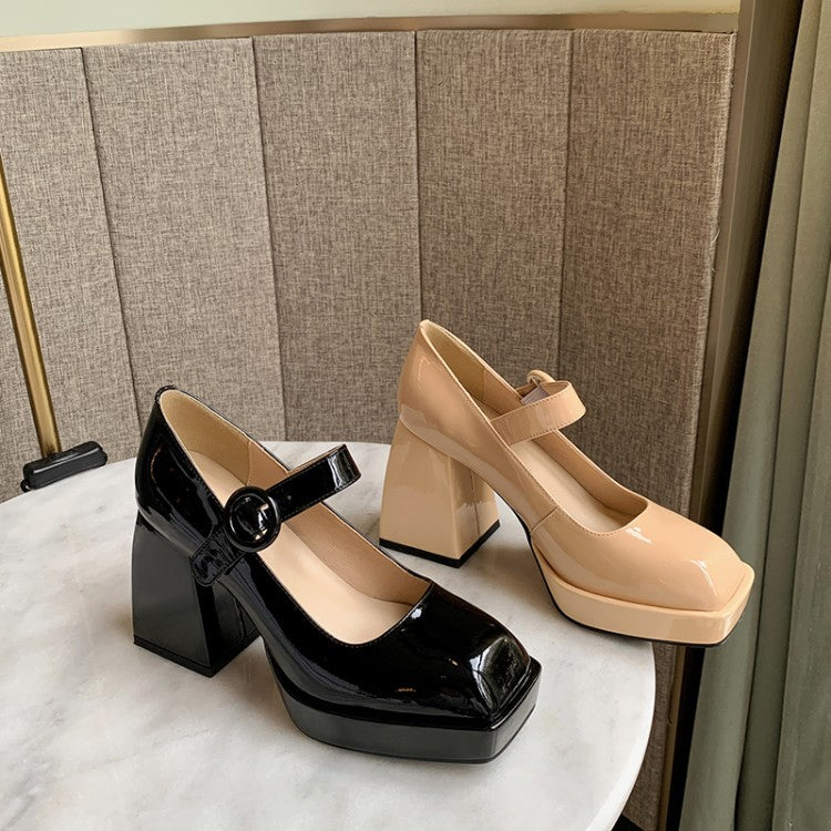 Women's First Layer Cowhide Patent Leather Mary Jane High Heels - Retro Square Toe with Buckle Strap