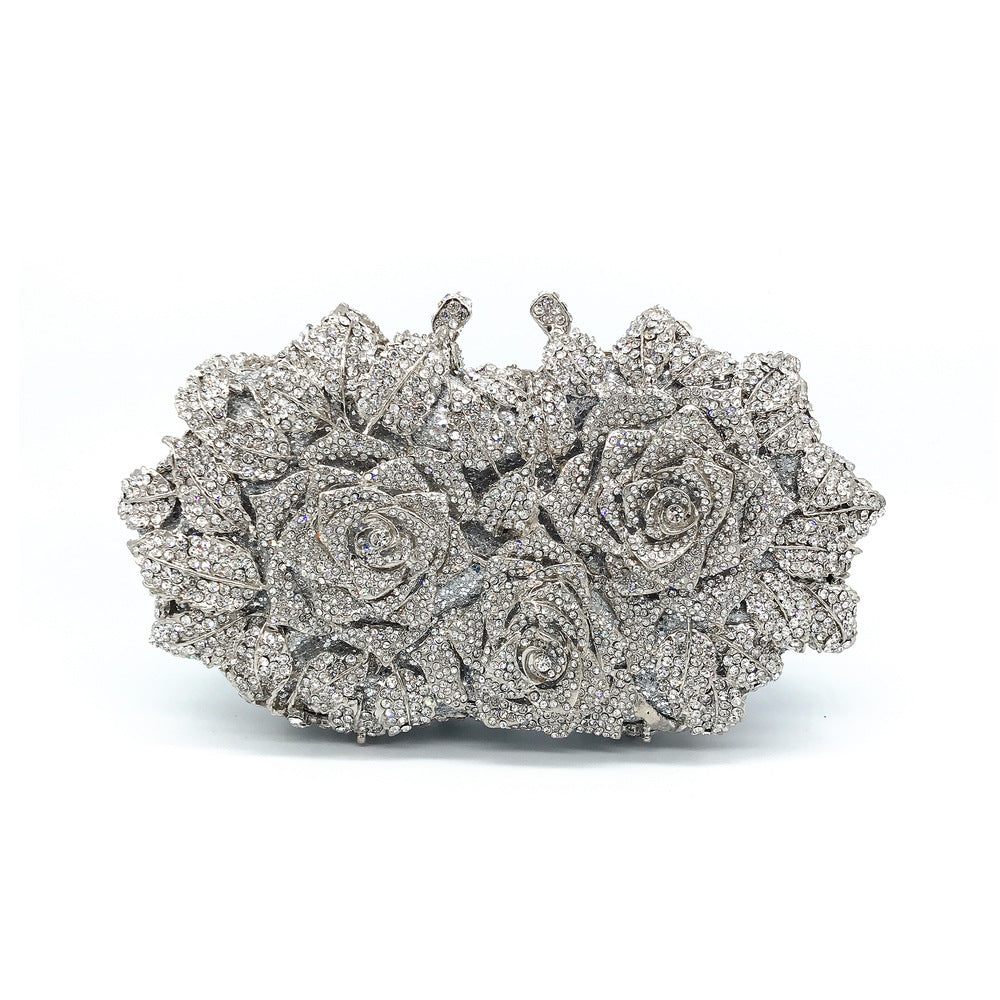 Rose Design Evening Clutch - Crystal Embellished Metal Frame Bag
