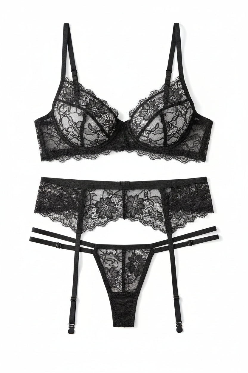 Embroidered Lingerie Set - Three-Piece Underwire Bra Collection