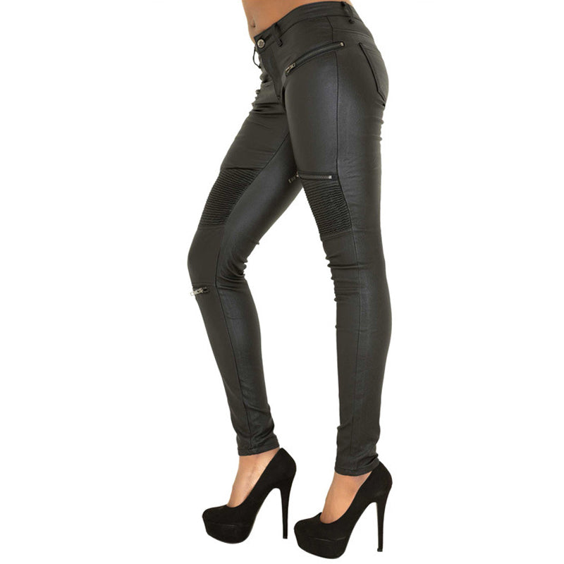 Faux Leather Denim Motorcycle Pants - Women's Stitched Zipper Biker Trousers