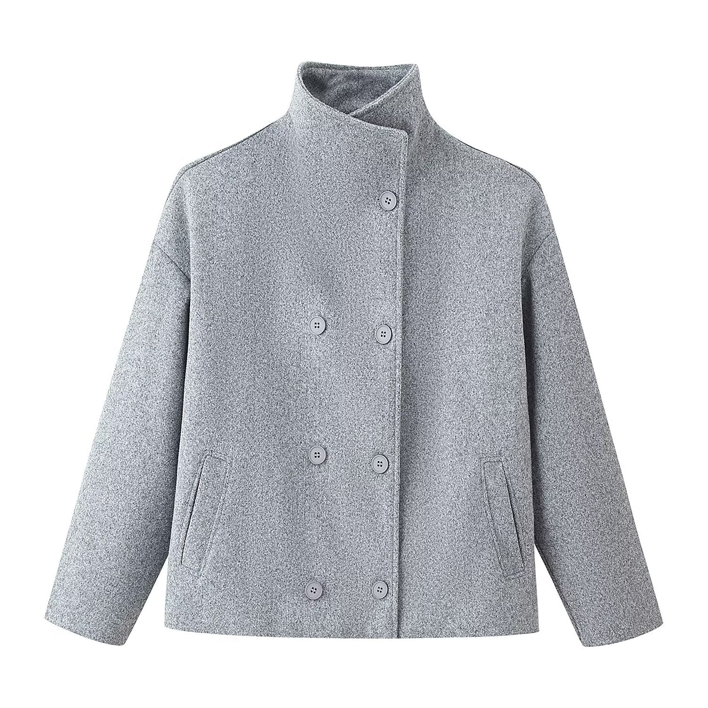 Women's Double-Breasted Wool Coat - Stand Collar Short Jacket with Pockets