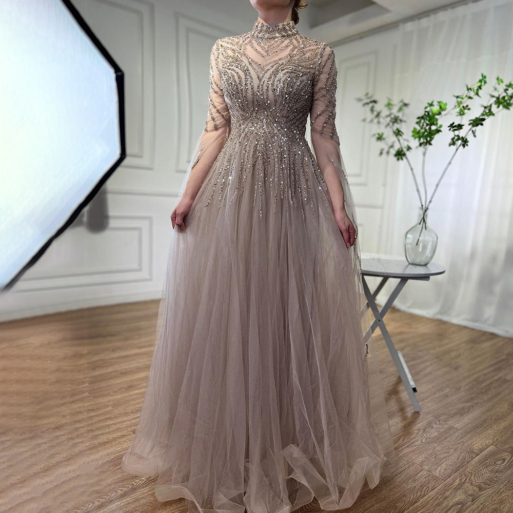 Elegant Organza Dress - Long Sleeve Mid-Waist Formal Gown for Special Occasions