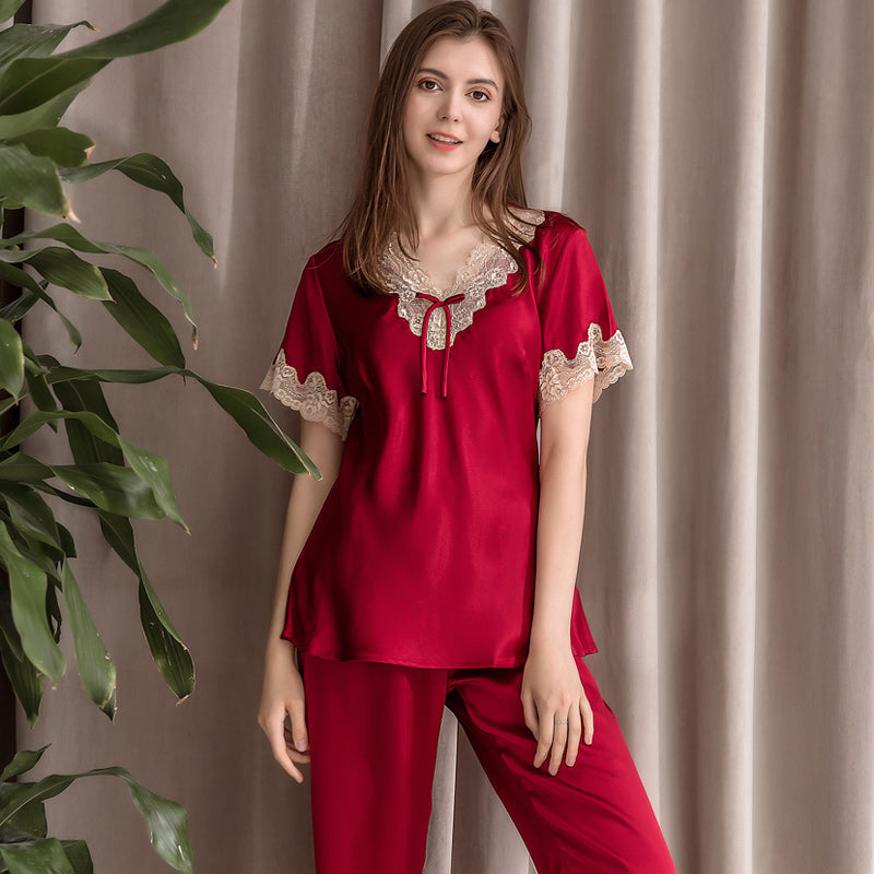 Women's Two-Piece Silk Pajama Set - V-Neck Top with Cropped Pants