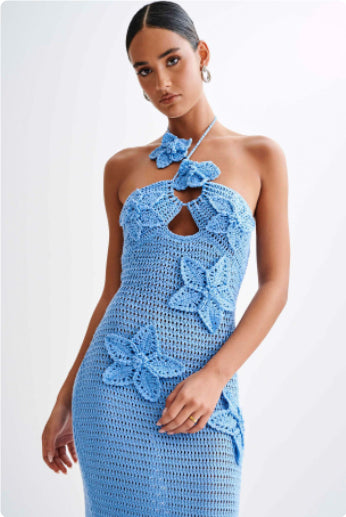 Women's Halter Neck Maxi Dress - Cotton Blend Summer Beach Dress