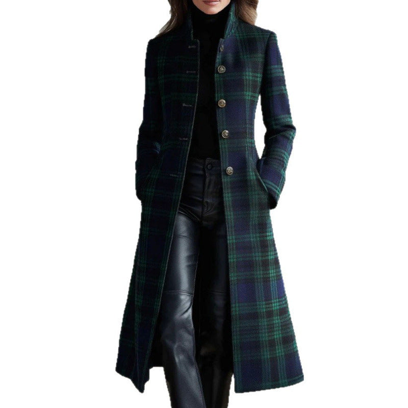 Women's Single-Breasted Plaid Long Sleeve Cardigan Coat - Long Jacket