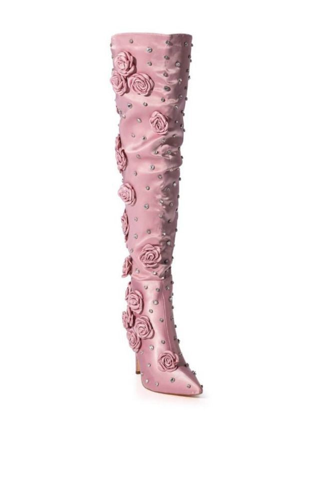 Silk Cloth Over-the-Knee Boots with Rivet Rose Detail - Stiletto Heel