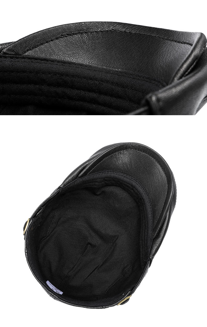 Men's Genuine Cowhide Leather Beret - Embroidered Flat Cap for Autumn & Winter