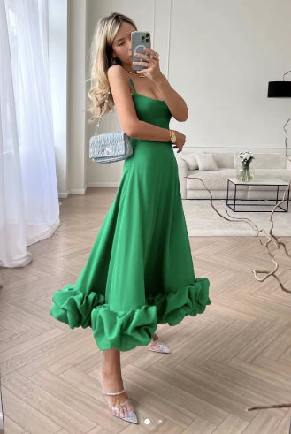 Chiffon A-Line Maxi Dress with 3D Floral Detail - Sleeveless Swing Dress with Suspenders