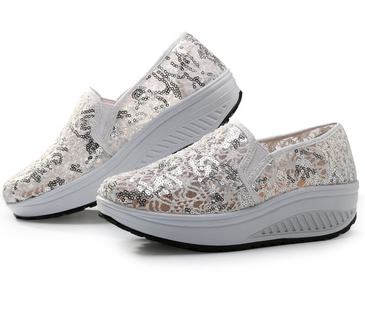 Women's Sequin Mesh Breathable Sneakers | Rocker Sole | Sizes 35–40 | Rose Red, Pink, Black, White