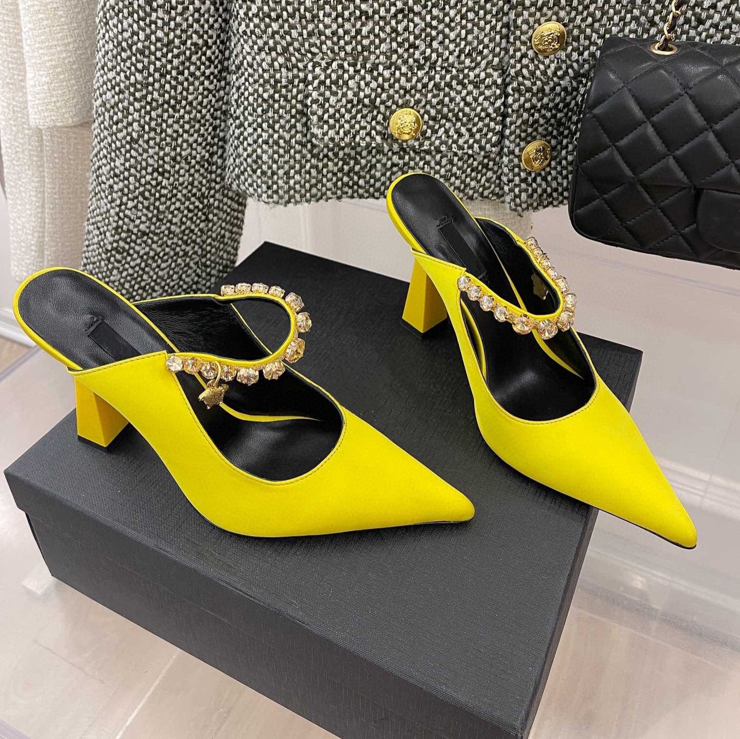 Premium Silk Rhinestone Pointed Toe Slippers - Elegant Women's Mules