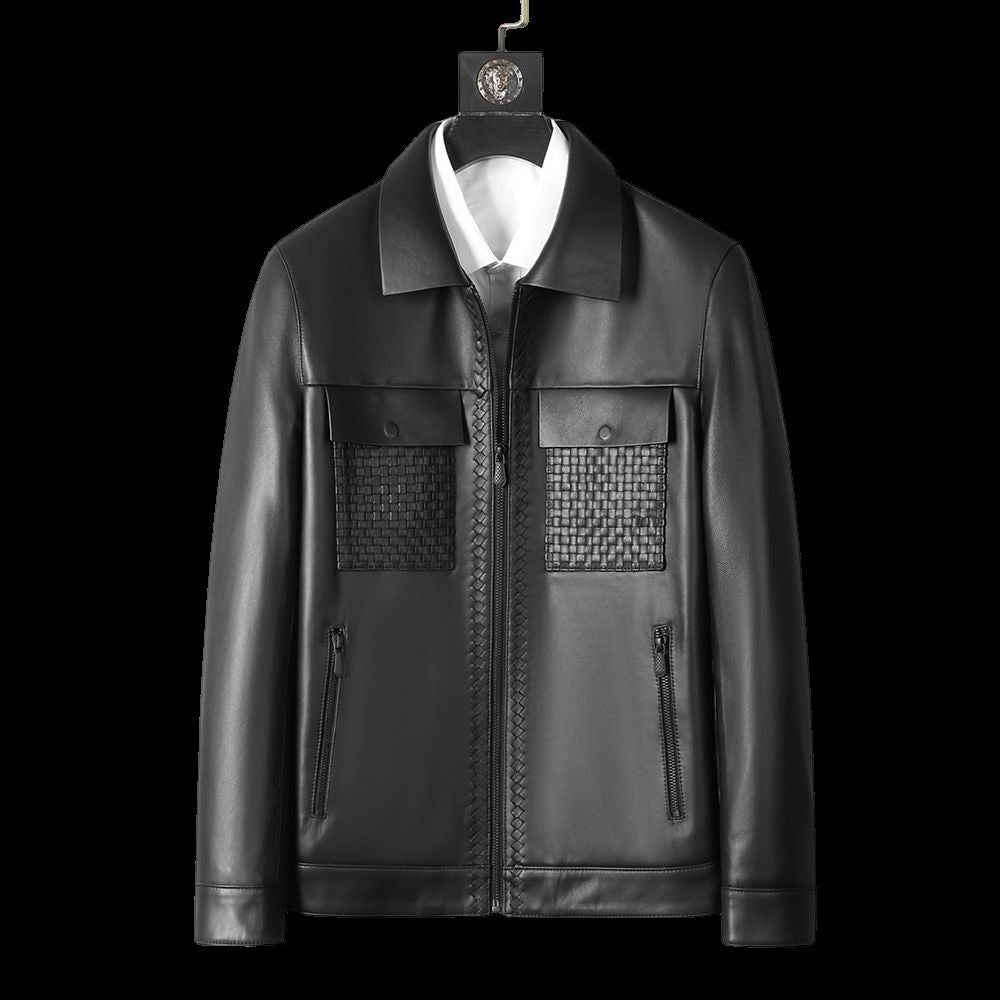 Genuine Sheepskin Leather Jacket - Men's Short Lapel Business Casual Coat