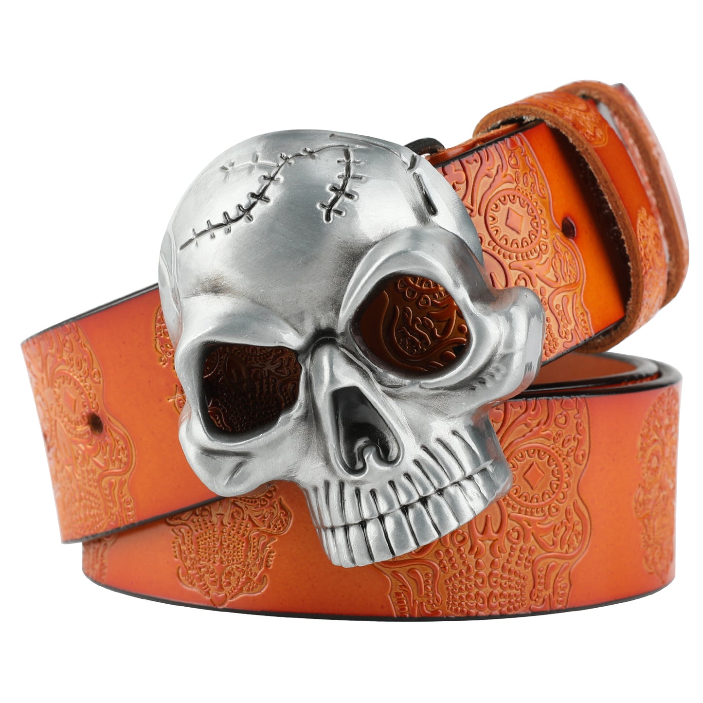 Men's Second-Layer Cowhide Leather Belt - Embossed Ghost Head Design with Skull Pin Buckle