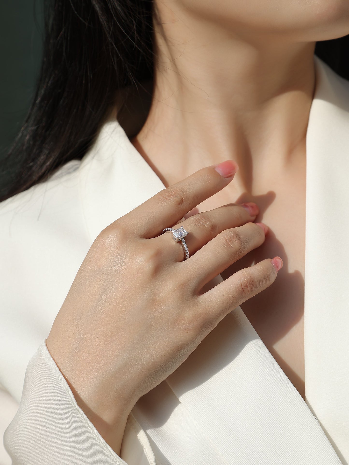 Octagonal Moissanite Sterling Silver Ring - Platinum Plated Wedding Band