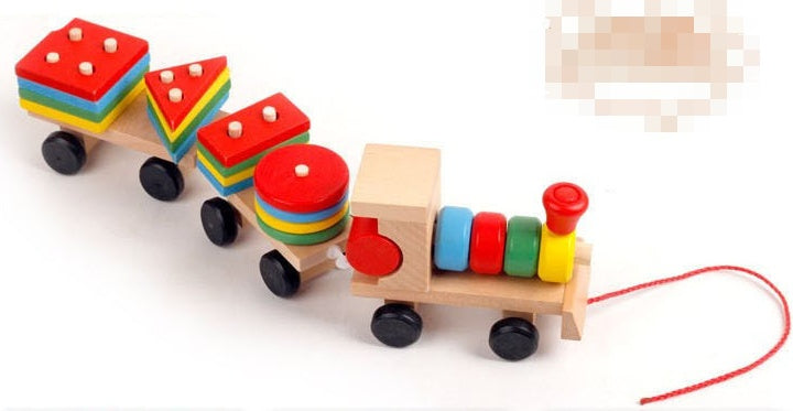 Wooden Train Toy Set with Shape Blocks - Educational Puzzle for Kids