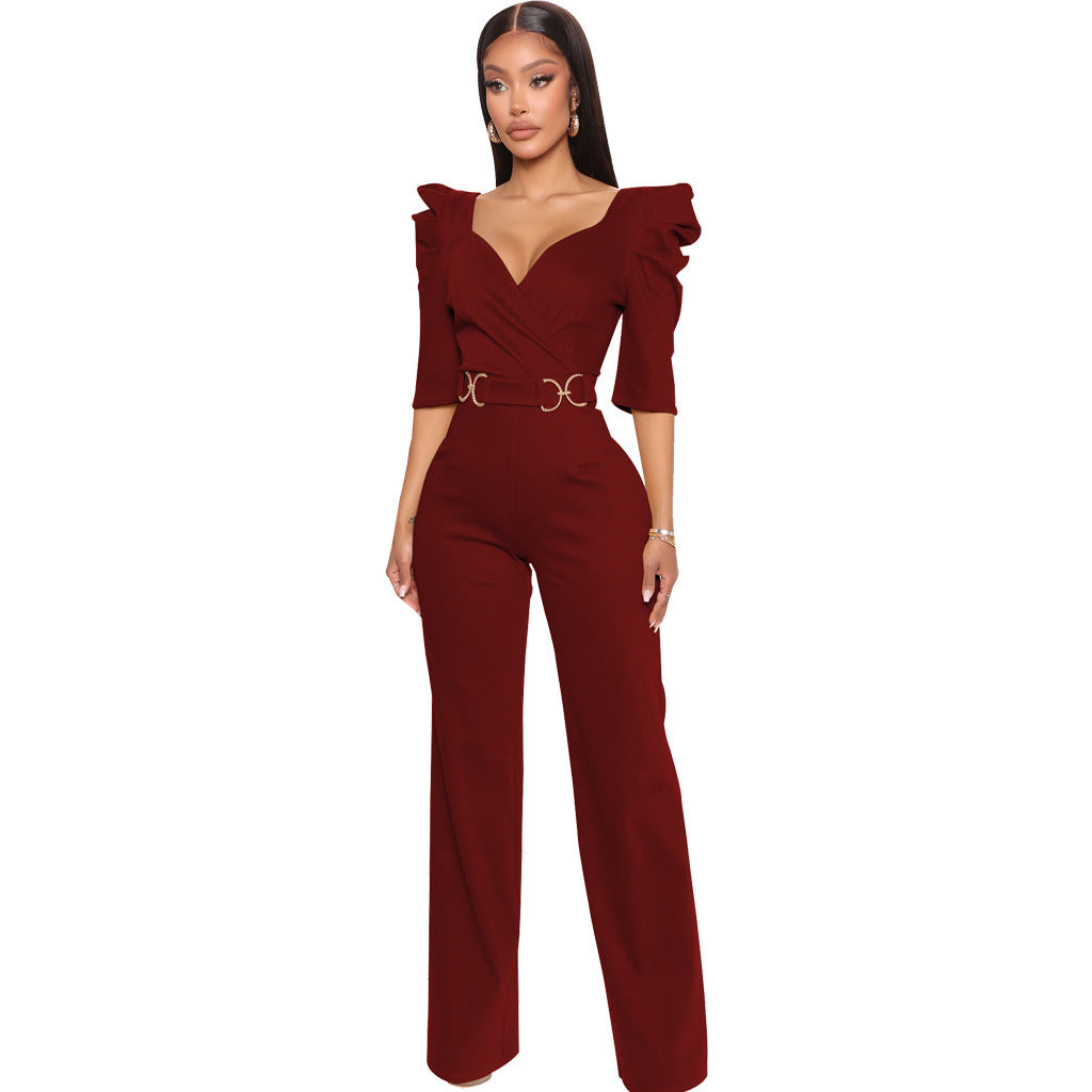 Long Sleeve V-Neck Wide Leg Jumpsuit - Women's Elegant One Piece