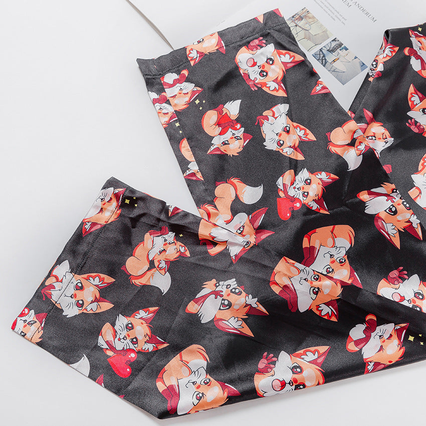 Women's Satin Cami Pajama Set - Fox Print Sleepwear Lingerie