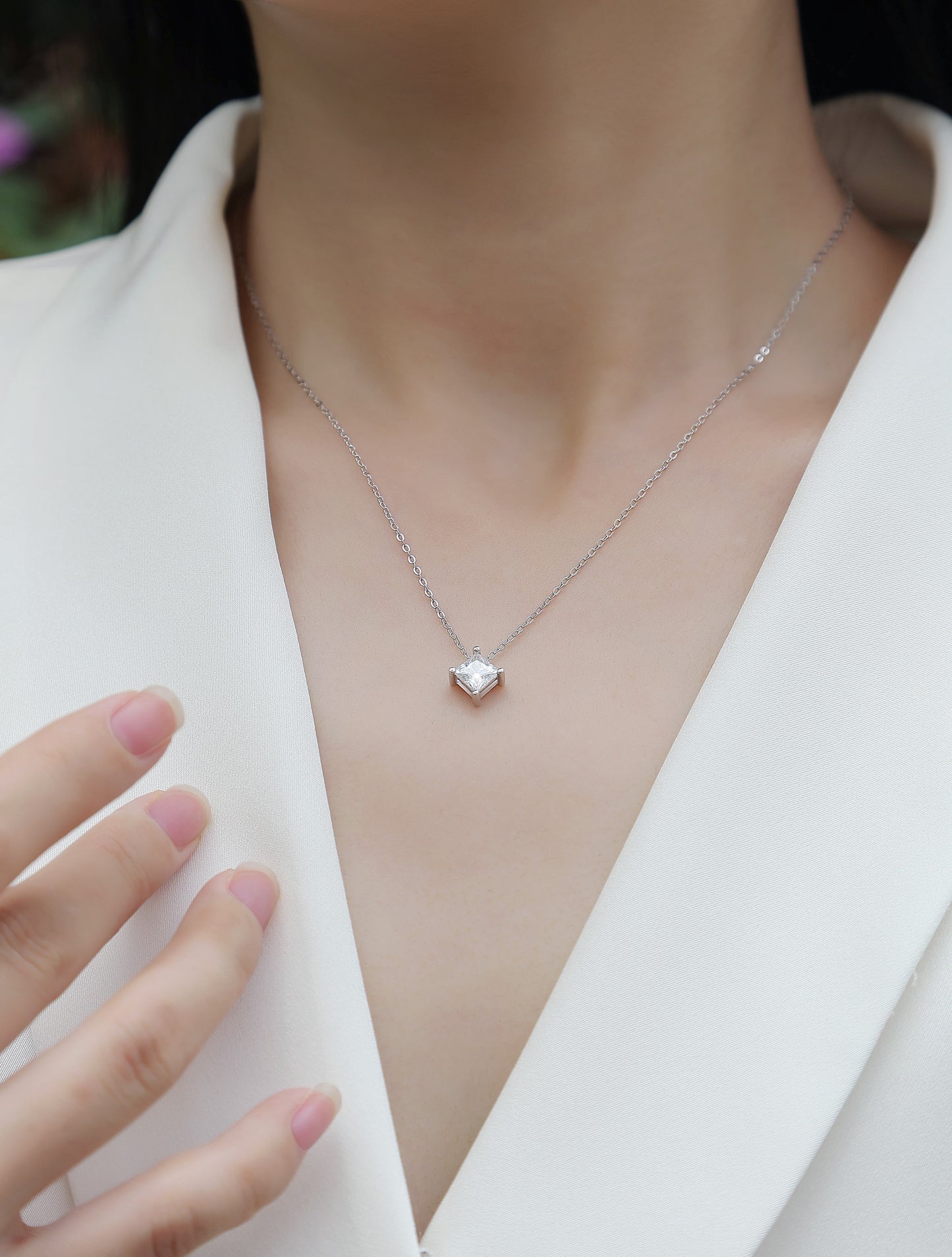 Moissanite Square Pendant Necklace - S925 Silver Platinum-Plated with GRA Certificate