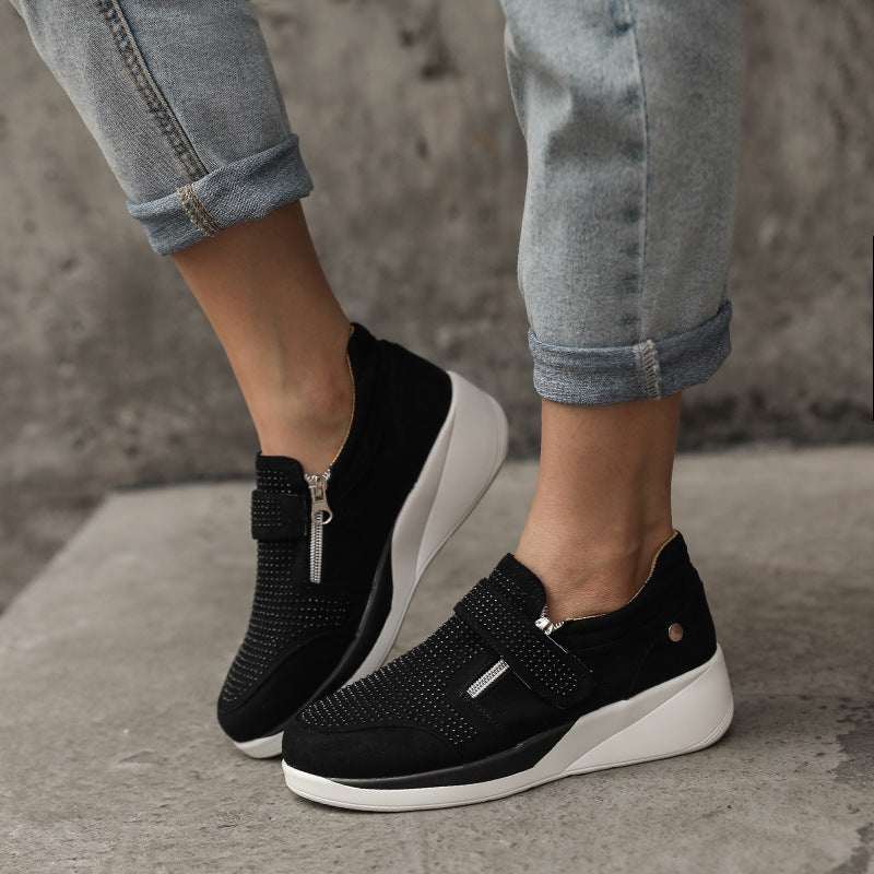 Women's Mary Jane Canvas Shoes - Suede Upper, Velcro Closure & Thick Rubber Sole