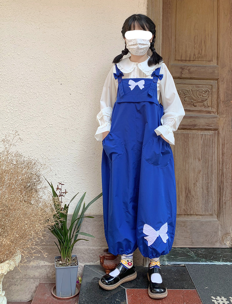 Bow Detail Loose Fit Bib Overalls - Wide Leg Jumpsuit Pants