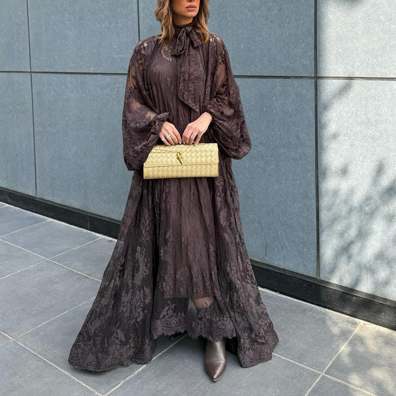 Women's Embroidered Long-Sleeve Loose Ruffle Maxi Dress — Apricot & Dark Coffee