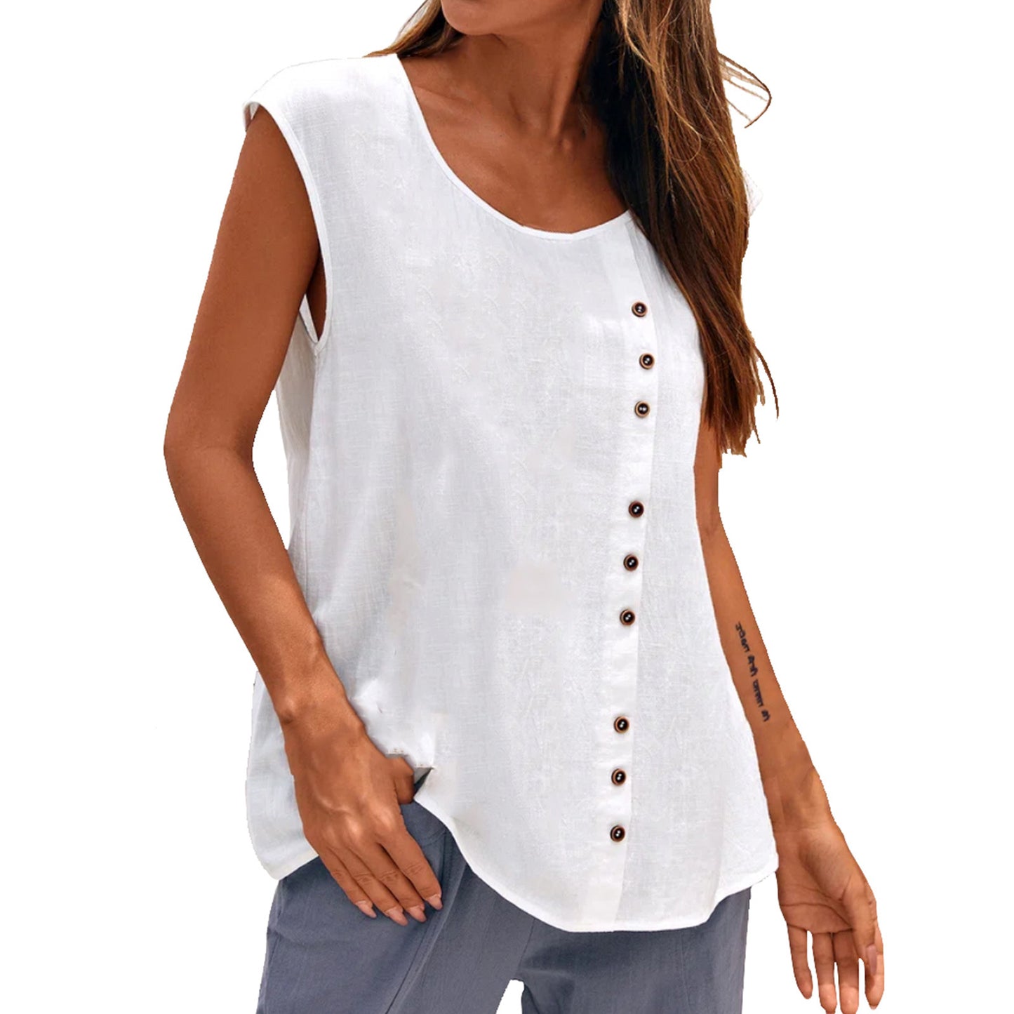 Women's Linen Blend Sleeveless Top - Asymmetric Button Detail