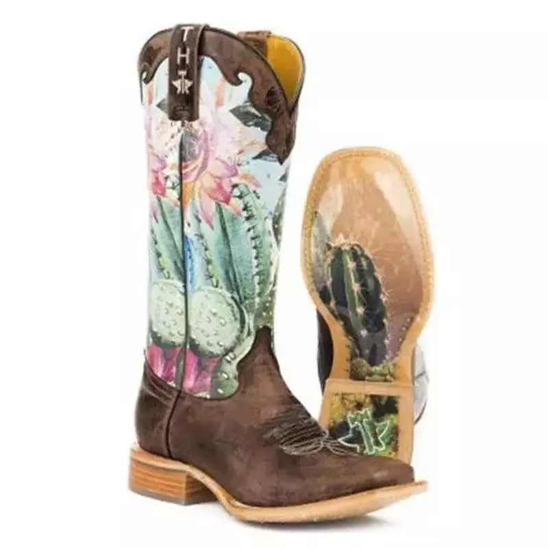 Women's Flower Print Patchwork Western Boots - Retro Slip-On Ankle Boots