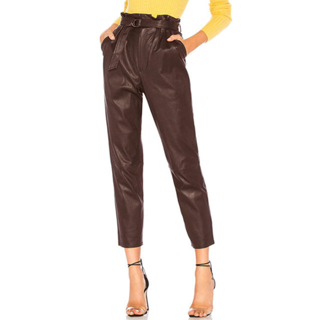 Women's High-Waist Faux Leather Pencil Pants - Slim Fit Trousers