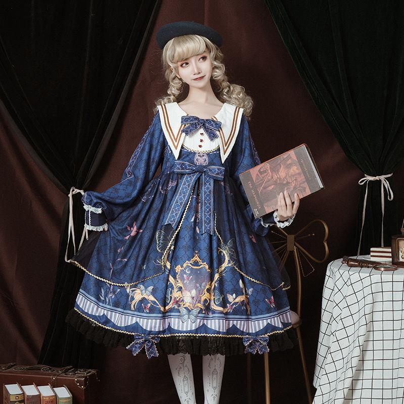 Victorian Lolita Dress - Butterfly Print Puff Skirt with Lace
