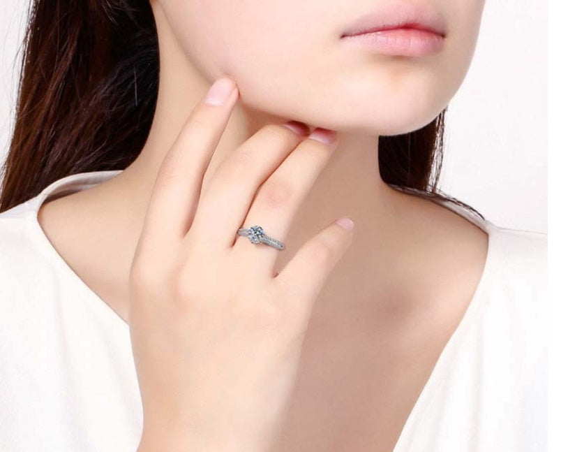 Sterling Silver Ring - Six-Claw Pavé Setting with Gemstone Inlay