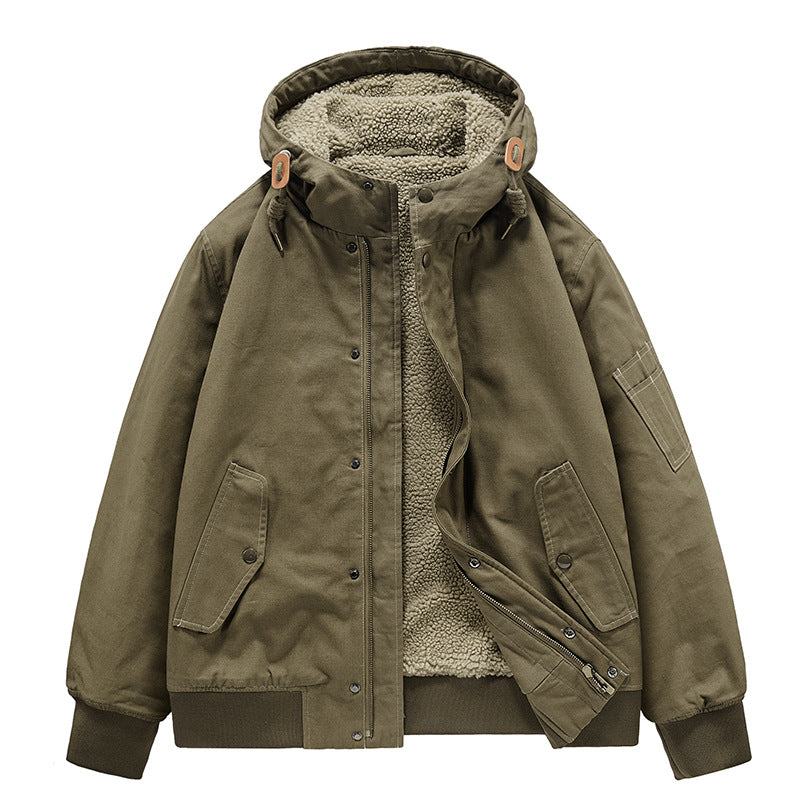 Men's Hooded Cotton Coat - Loose Fit Jacket with Fur Collar