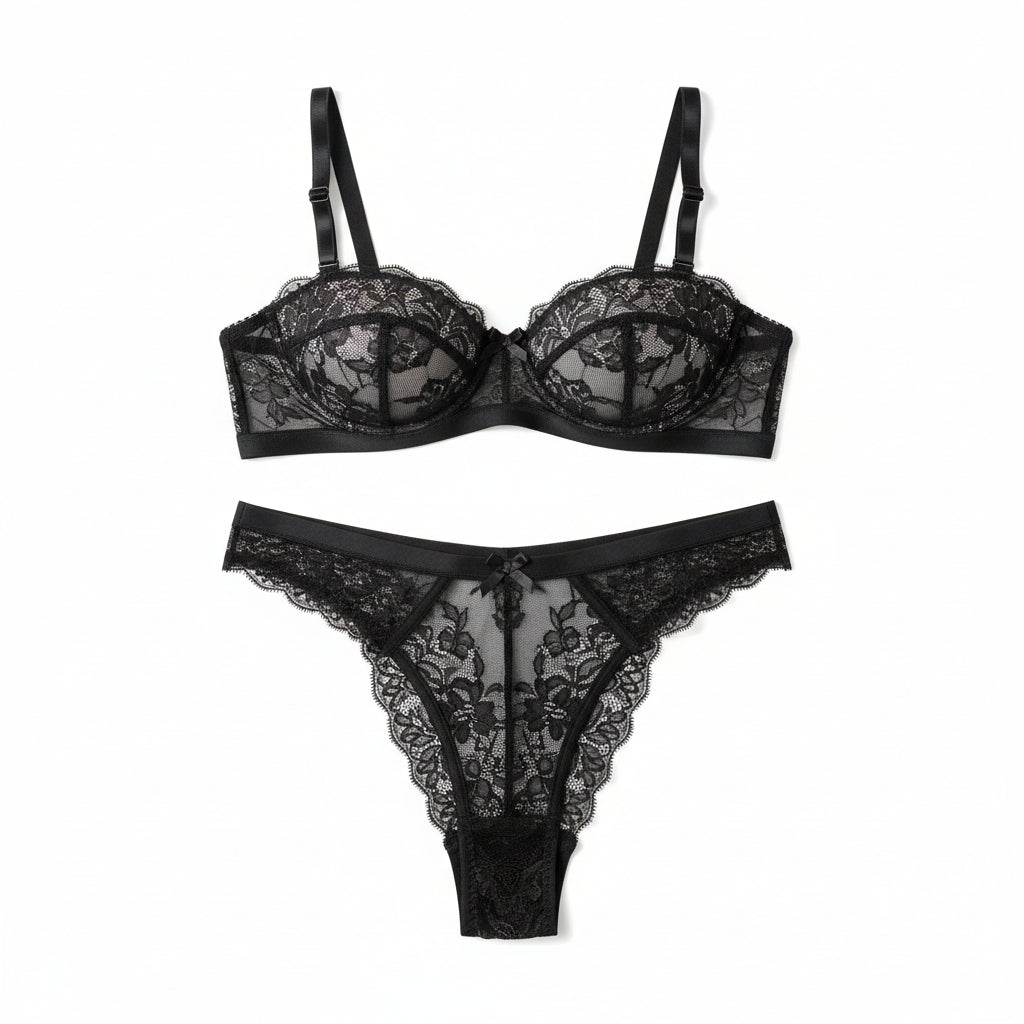 Women's Satin Mesh Embroidery Lingerie Set - Cutout Bra with Gloves