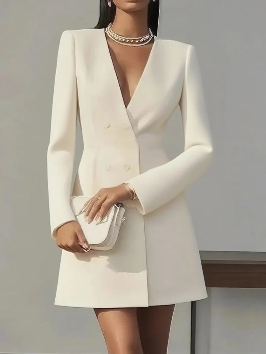 Women's V-Neck Button-Front Dress - Elegant Commuter Style