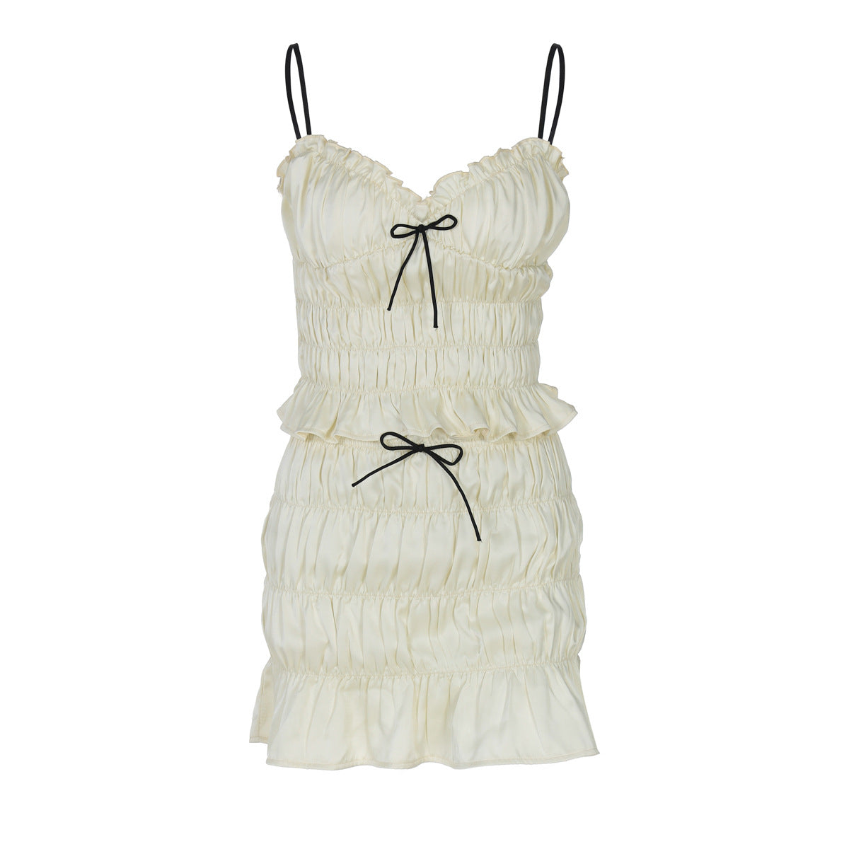 Women's Chiffon Pleated Short Skirt Set with Straps - Two-Piece Sleeveless Outfit