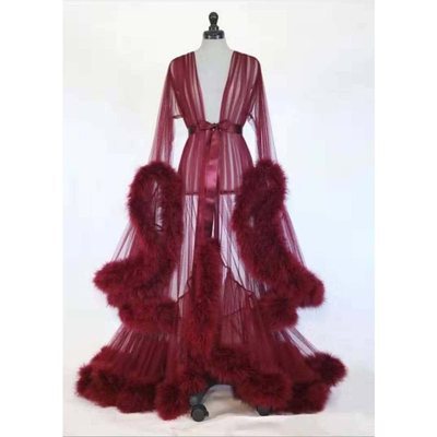 Women's Long Sleeve Robe - Sheer Mesh Nightgown with Fur Trim
