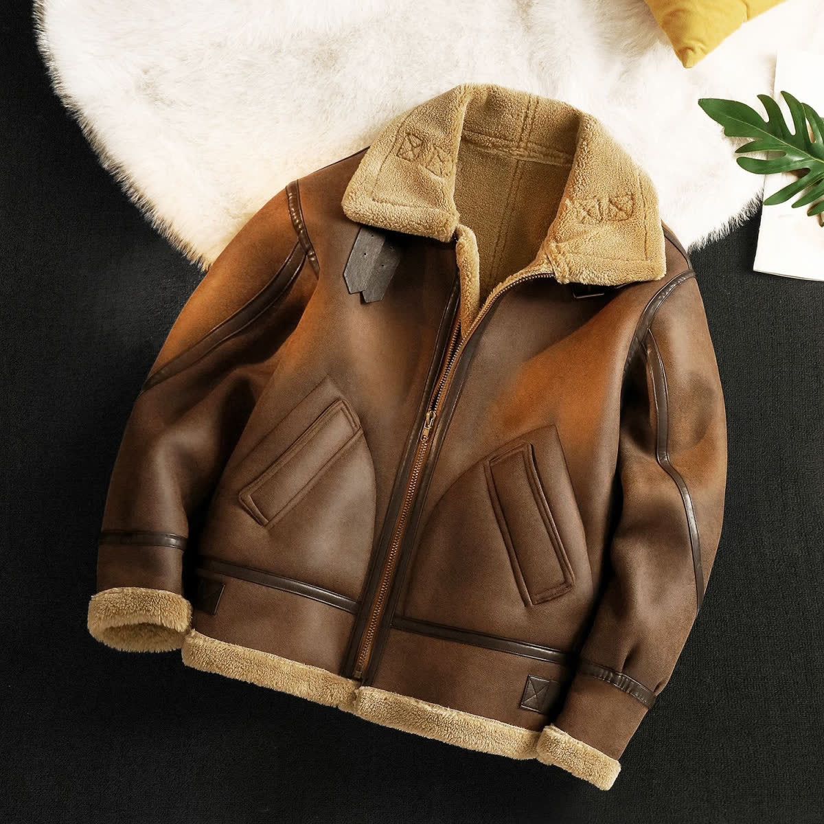 Men's Winter Fleece-Lined PU Leather Jacket with Lamb Wool