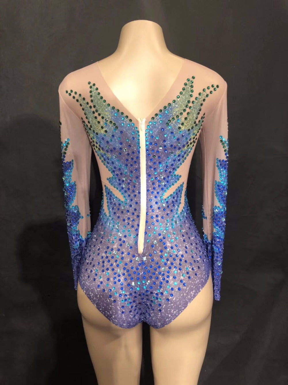 Blue Rhinestone Performance Bodysuit - Long Sleeve High-Cut Jumpsuit