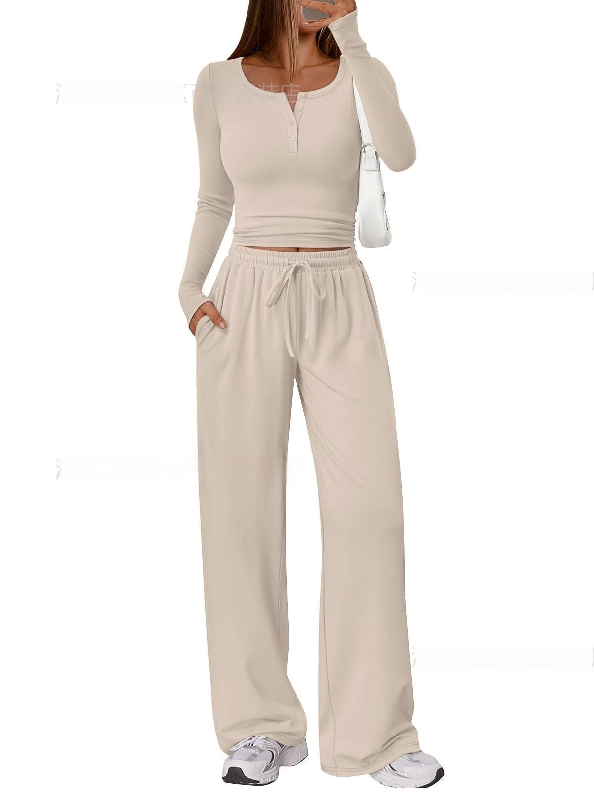 Women's Comfortable Casual Long-Sleeve Wide-Leg Pants Set - Japandi Style Pleated Top with Polyester